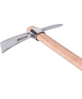 All In One Garden Mattock And Pick Axe For Planting And Weeding Tasks With An Ergonomic Wooden Handle Great For Outdoor Projects Camping Landscaping And Yard Cleanup, stainless steel head close-up