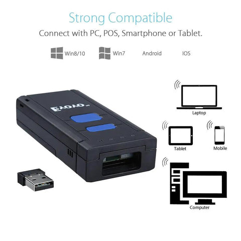 Pocket Size 1D Wireless Barcode Scanner With Bluetooth 3 In 1 2.4G And USB Wired Connectivity showing compatibility features