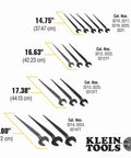 Klein Tools spud wrenches in various sizes with specifications, ideal for aligning 5/8 inch bolts and US heavy nuts, heavy-duty alloy steel.