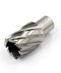 Heavy Duty Annular Cutter 3/4 Inch Weldon Shank 1 1/8 Inch Cutting Diameter Hardcore Heat Resistant High Speed Steel showing spiral flutes and cutting edges.