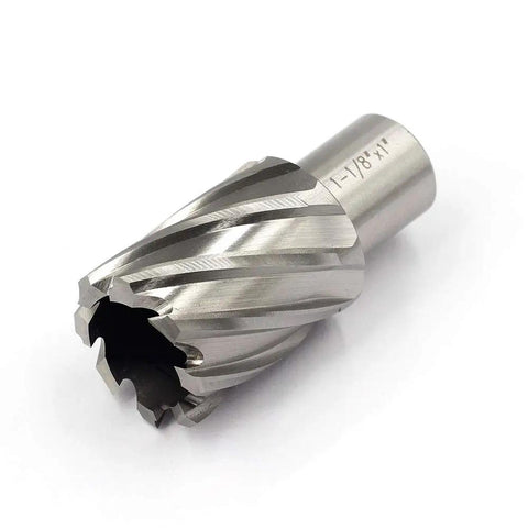 Heavy Duty Annular Cutter 3/4 Inch Weldon Shank 1 1/8 Inch Cutting Diameter Hardcore Heat Resistant High Speed Steel showing spiral flutes and cutting edges.