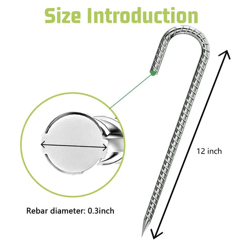 Heavy Duty Galvanized Ground Stakes 12 Inch J Hook Rebar Anchors with 0.3 inch diameter, size introduction