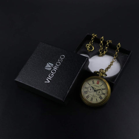 Vintage Copper Hand Wind Pocket Watch For Men With Second Hand And 24 Hour Sub Dials In Box Old School Mechanical Timepiece Gift For Dad Husband Boyfriend