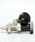 Tough As Nails Stainless Steel Push Fit Ball Nose Spring Plunger Retractable Indexing Pin With Quick Grip Knobs For Rock Solid Positioning On Shop Equipment M8 Non Locking 2 Pack side view with black knobs