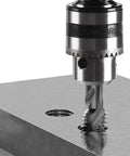 Close-up of 100-240V Desktop Vertical Electric Tapping Machine Drill Tapper in action on metal with 1-10 mm B12 chuck.