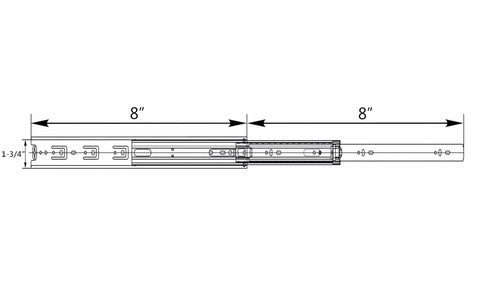 8 Inch Full Extension Ball Bearing Drawer Slides Set, Side Mount, Heavy Duty Steel, 100 Lb Load Rating, Zinc Plated dimensions diagram