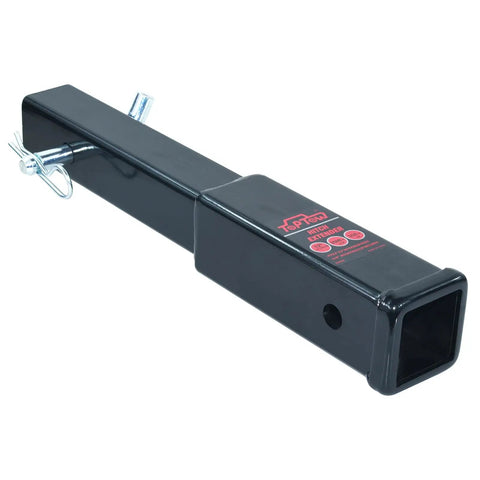 12 Inch Trailer Hitch Extender for 2 Inch Receivers, heavy duty steel with hitch pin and clip, 3500 pound weight capacity, side view