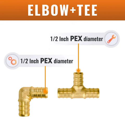 Brass Crimp Fittings 50 Pack For PEX Pipe 1/2 Inch With 90 Degree Elbow And Tee Kit No Lead, Corrosion Resistant