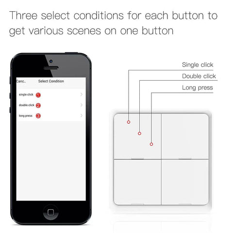Wireless Smart Scene Switch Button For Four Gang Home Automation Battery Powered With Included CR2430 Zigbee And Tuya Compatible 12 Scene Controller showing app controls.