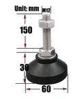Heavy Duty Rock Solid Adjustable Leveling Feet For Furniture And Machinery Carbon Steel Screw Base Threads Quick Floor Stabilizers. M12 screw base, diameter 60mm, height 150mm, durable black plastic base.
