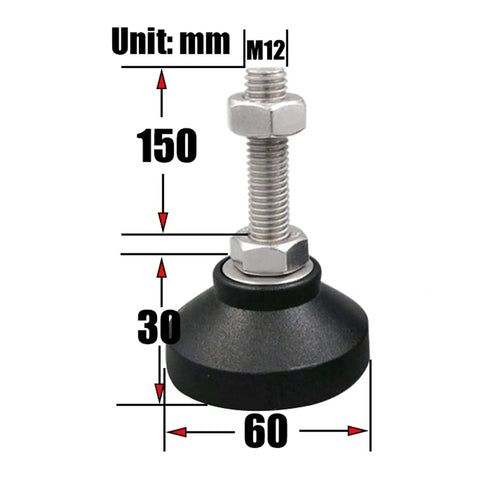 Heavy Duty Rock Solid Adjustable Leveling Feet For Furniture And Machinery Carbon Steel Screw Base Threads Quick Floor Stabilizers. M12 screw base, diameter 60mm, height 150mm, durable black plastic base.