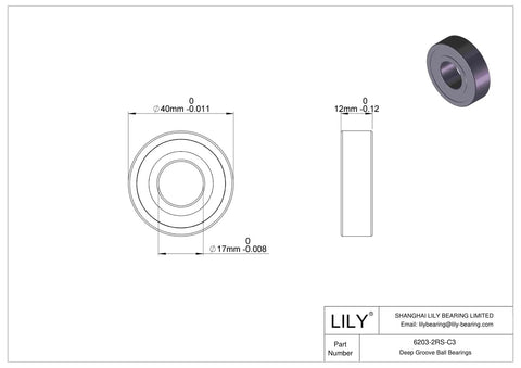 Technical drawing of 10 Pack 6203-2RS Deep Groove Ball Bearings 17x40x12mm with double rubber seals, pre-lubricated for durability.