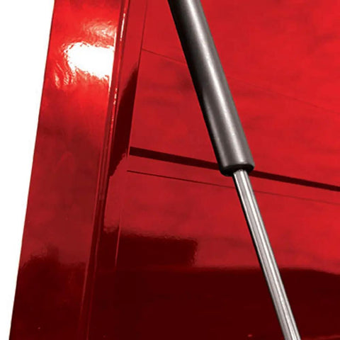Close-up of the Pro II Drawer Top Chest with 24.5 Inch Depth, showcasing the red UV protected powder coat finish and hinge.