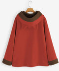 Back view of a red hooded jacket with brown fur trim and ears, perfect for cozy casual wear.
