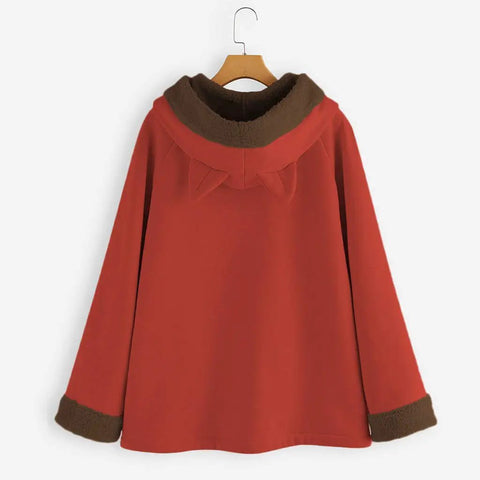 Back view of a red hooded jacket with brown fur trim and ears, perfect for cozy casual wear.