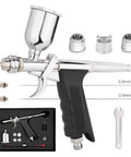 Heavy Duty Gravity Feed Dual Action Pistol Grip Airbrush With Adjustable Flow Control And Killer Fine Detail Spray Gun showing 0.3mm nozzle and accessories.