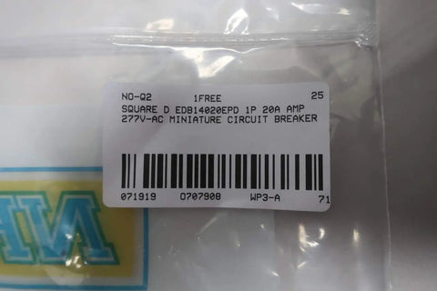 Label showing One Pole 20 Amp 277V AC Miniature Circuit Breaker EDB14020 for electrical panels, 1P 20A breaker.