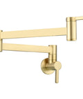 Brushed Gold Wall Mount Pot Filler Faucet With Folding Reach And Brass Construction Sixteen Point Seven Inch Extension Single Hole Install