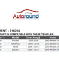 Chart showing fitment for Front Wheel Hub And Bearing Assembly 515064 For 2WD Nissan Frontier, Pathfinder, Xterra, Equator.
