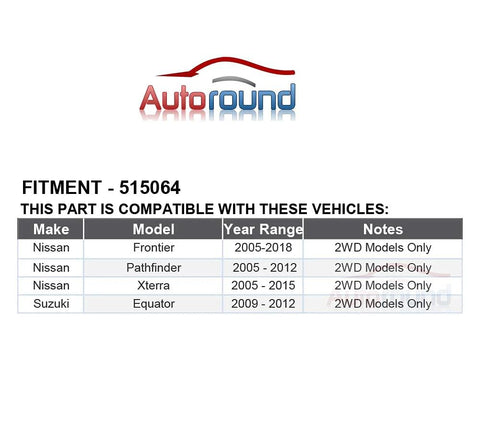 Chart showing fitment for Front Wheel Hub And Bearing Assembly 515064 For 2WD Nissan Frontier, Pathfinder, Xterra, Equator.