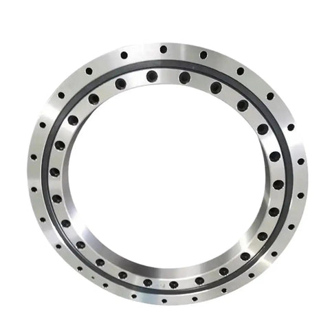 Heavy Duty Precision Cross Roller Bearing For Robotic Arms And Custom Rotary Tables Built Tough With Rock Solid Alignment And Smooth Spin Dynamics For Serious Automation Builds, showing a circular steel bearing with holes.
