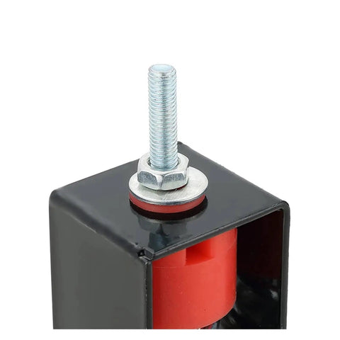 Close-up of Superior Spring Vibration Isolator Hangers 12 Pack Ceiling Damping Mounts, steel mount with red polymer spring.
