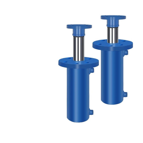 Blue 100 Ton Front Flange Hydraulic Cylinder Heavy Duty Workhorse With Two Way Oil, One Way High Pressure Electric Lift, shown at angle