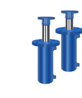 Two blue Beefy 100 Ton Hydraulic Cylinders with front flange, showing oil system and electric lift valve control.
