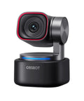 Tiny But Mighty AI Auto Tracking 4K Webcam With Triple Mic Spatial Audio next to sleek black base for video conferencing.
