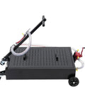 Heavy Duty 17 Gallon Oil Drain Pan With Manual Pump And 7.2 Foot Hose U Shaped Spout Thin Steel Mesh Cover Foldable T Handle on wheels