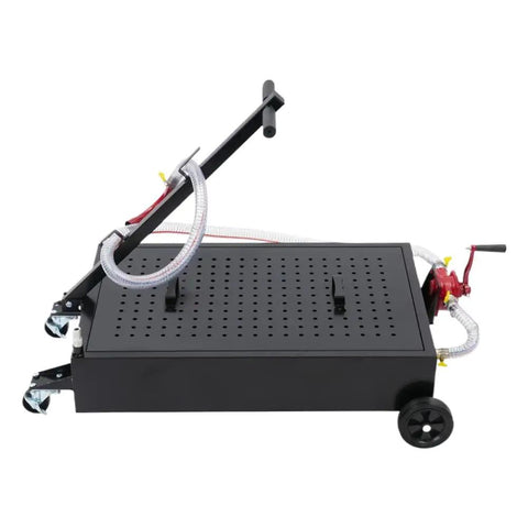 Heavy Duty 17 Gallon Oil Drain Pan With Manual Pump And 7.2 Foot Hose U Shaped Spout Thin Steel Mesh Cover Foldable T Handle on wheels