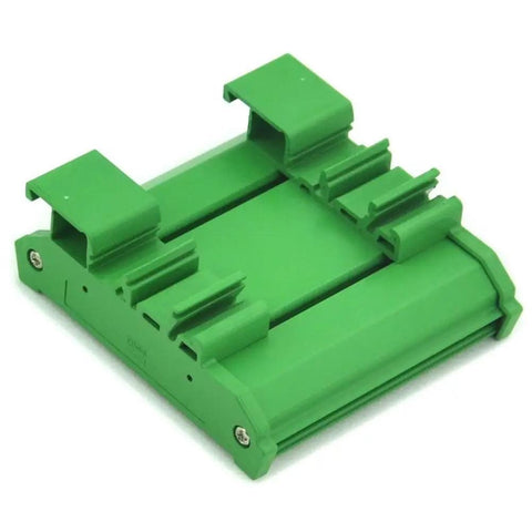 DIN Rail Mounting Carrier Housing With Prototype Board For DIY Prototyping Fits 35mm 32mm Or 15mm Rails green side view