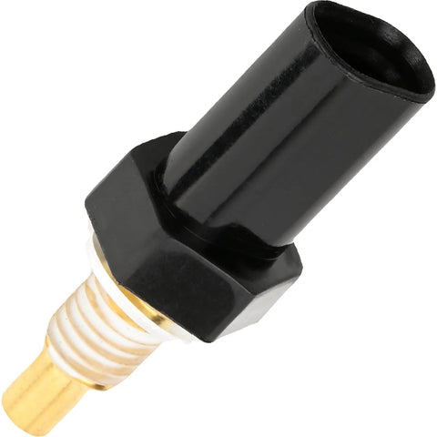 Close-up of coolant temperature sensor with black plastic head, brass threaded shaft, and hex mounting nut