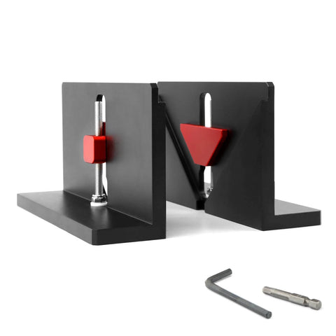 Two Pack Right Angle Spline Jig Set Built Tough For Box Joints And Adjustable Corner Dovetail Jig On Table Saws And Router Tables Strengthen Miter Joints And Add Custom Flair For Picture Frames And Small Boxes Durable Aluminum Black Finish, showing black finish jigs with adjustable clamps and tools.