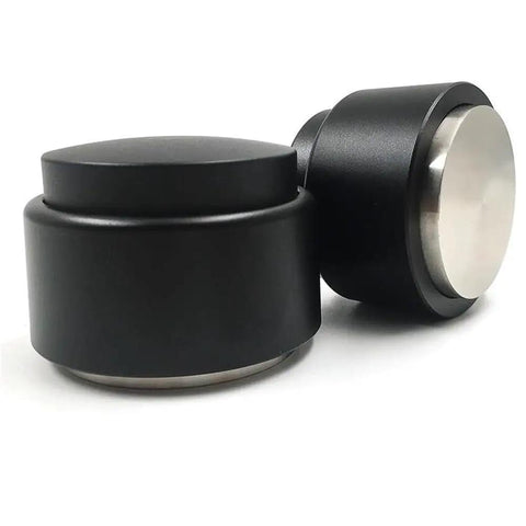 Heavy Duty 304 Stainless Steel Coffee Tamper And Espresso Distributor With Gravity Adaptive Design For Dead On Tamping And Zero Fuss Home Barista Shots Straight Out Of Your Kitchen Cabinet - Black and silver tamper design.