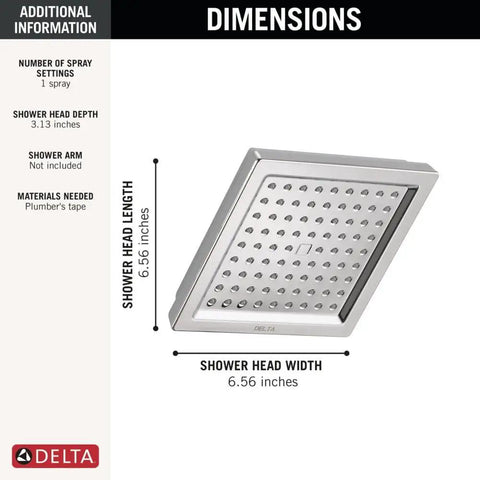 Single Spray Shower Head 6.5 Inch Square Chrome With High Pressure Powerful 2.5 GPM Water Flow For A Boss Level Full Body Raincan Shower RP62283 Durable Chrome Upgrade shown with dimensions