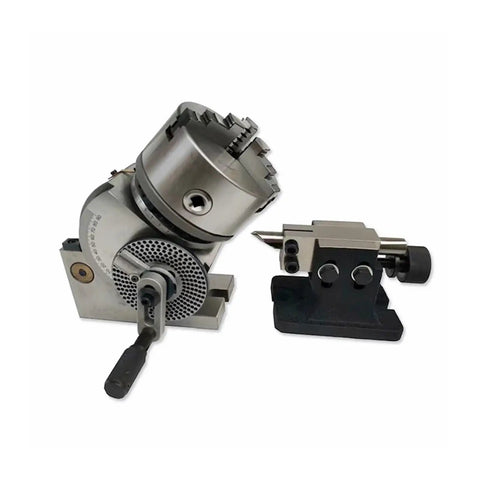 Heavy Duty Precision CNC Fourth Axis Rotary Dividing Head sporting a three jaw chuck and solid tailstock for milling accuracy.