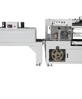 Heavy Duty Plastic Shrink Film Heat Sealer Machine For Bottle Sleeve Packing Automatic Heat Tunnel Wrapping Unit side view with conveyor.