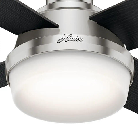 Close-up of 44 Inch Indoor Ceiling Fan With LED Light And Remote Control Dope Low Profile Flush Mount Brushed Nickel With 4 Black Oak Blades