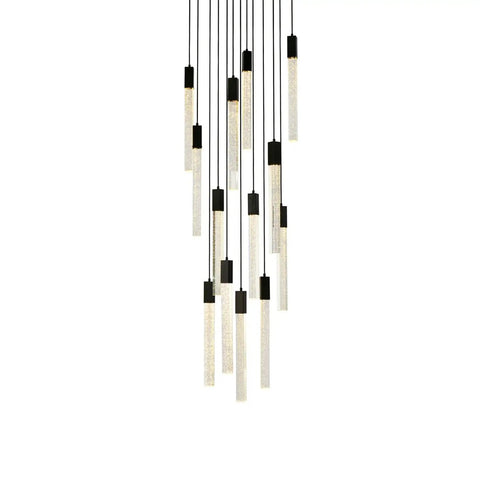 Slick Modern 13 Light Black Crystal Ceiling Pendant with adjustable cords and clear rods, perfect for brightening any indoor space.