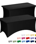 Slick Top Notch Two Pack Black 6Ft Fitted Tablecloth Rectangle Spandex Blend Cover on folding tables.