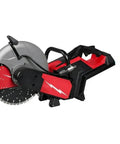 Heavy Duty 14 Inch Cordless Power Cut Off Saw Built Like A Tank For Knocking Out Clean Slots In Concrete And Steel Rebar With Instant Kickback Guard and Push Button Activation, side view.