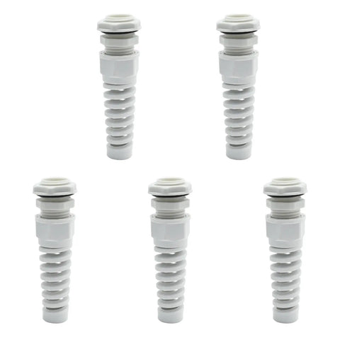 Five Pack NPT Half Inch Waterproof Cable Gland With Flexible Spiral Strain Relief Nylon Body With Gaskets For 6 To 12mm Wires