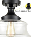 Close-up of Industrial Black Semi Flush Mount Ceiling Light with Clear Glass Fixture 11 Inch Schoolhouse Style, focus on canopy and bulb