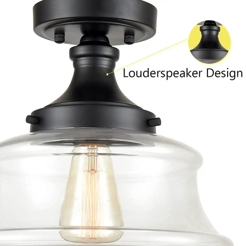 Close-up of Industrial Black Semi Flush Mount Ceiling Light with Clear Glass Fixture 11 Inch Schoolhouse Style, focus on canopy and bulb