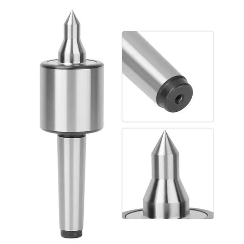 Triple Bearing Live Center For Metal Lathe Turning With 0.0002 Inch Precision, showing tapered point and bearing details.