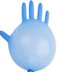 Front-view blue nitrile exam glove inflated into a hand-shaped balloon; large size.
