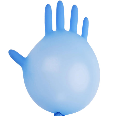 Front-view blue nitrile exam glove inflated into a hand-shaped balloon; large size.