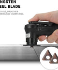 Mini pneumatic chamfering tool, handheld black unit with tungsten steel blade for metal edge beveling (45-degree).