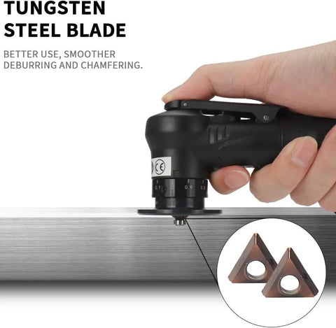 Mini pneumatic chamfering tool, handheld black unit with tungsten steel blade for metal edge beveling (45-degree).